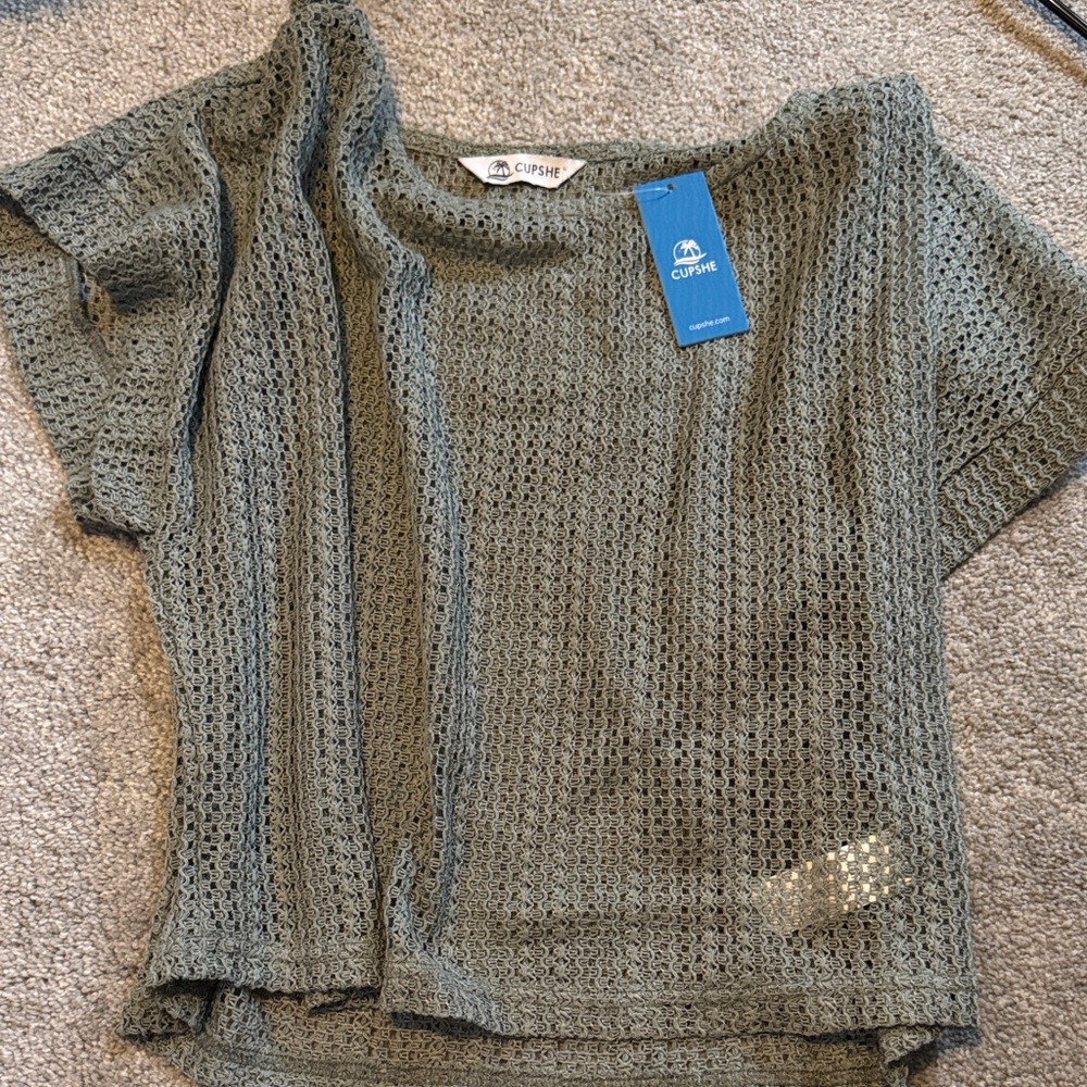 Cupshe Olive Open-Weave Short Sleeve Knit Top